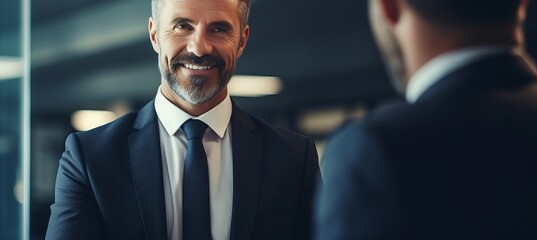 Successful partnership agreement  smiling businessmen shaking hands at office meeting