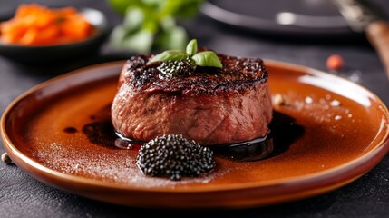 Wall Mural - Steak with caviar on a plate, dark orange and dark brown, food photography. close-up view. fancy restaurant