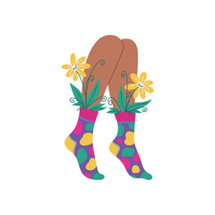 Wall Mural - Legs in funny socks and flowers, vector illustration isolated on white