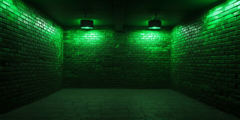 Poster - empty brick room, with green neon lighting, st. patrick's day