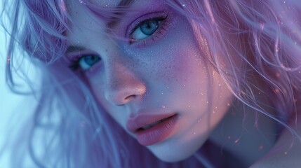 Wall Mural - A woman with long purple hair and purple makeup, dark white and light azure, freckles, portrait photography, blue eyes