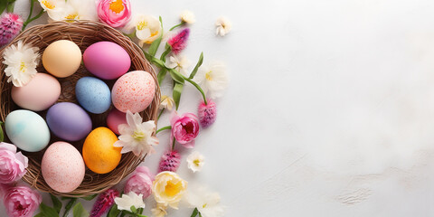 Poster - easter eggs of different colors and colors in a basket, easter wallpaper