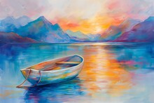 Emotional Wallpaper Of A Small Boat On A Calm Lake At Dawn, Mist Rising From The Water, Watercolor Painting. Generative AI