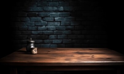 Poster - Empty wooden background with brick wall and neon lights. Brick walls, neon signs and lamps