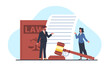 © YummyBuum - Concept of legal document execution, attorney files with court. Notary and lawyer in court. Jurisprudence and legislation. Huge law book and people. Deal agreement isolated vector illustration