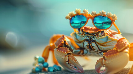 Wall Mural - A crab wearing sunglasses and a necklace on the beach, AI