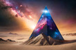 surreal outer space pyramid , glowing nebulas  , mystical planet in parallel universe