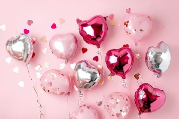 Wall Mural - light pink backdrop with foil heart shaped balloons