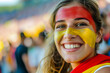 Excited Young Spanish Woman Fan Cheering at European Soccer Tournament 2024, Close-Up Portrait with Spanish Flag Face Paint in Full Stadium – Summer Sports Enthusiasm and National Pride