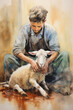 © Tetiana Kasatkina - Man with lamb in watercolor style, selective focus