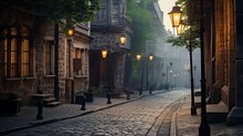 A Quaint Cobblestone Street Adorned With Old-fashioned Street Lamps