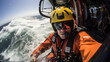 Coast guard Officer in a stormy sea. Rescue operation in ocean using helicopter or rescue boat