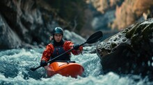Kayaker With Whitewater Kayaking, Down A White Water Rapid River In The Mountain