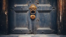 A Quaint Wooden Door Adorned With A Vintage Brass Knocker In An Ancient Alleyway