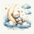 © ku4erashka - Cute baby teddy bear sleeping on the cloud around moon and stars.