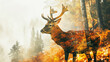 Double exposure effect of a deer in an autumn forest