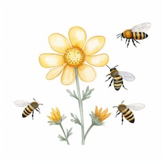 Wall Mural - Aquarell eines Bienenschwarms die um eine blühende gelbe Blume fliegen Illustration