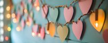 A Handmade Garland Of Colorful Paper Hearts On A Blue Background. Valentine's Day, Birthday, Wedding, Anniversary, Party Concept Banner With Copy Space. Children's Paper Crafts With Parents.