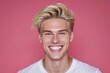 Portrait beautiful blond young model man with white teeth smile on pink background. Generative AI
