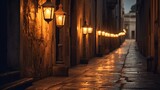 Fototapeta Uliczki - A row of antique lanterns casting warm light on a deserted alley at dusk