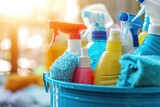 Fototapeta  - Close-up of Cleaning Products in a Blue Bucket