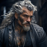 Handsome middle aged pirate with tattoos and long gray hair. Confident, charismatic and cool looking