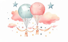 Watercolor Pink And Green Colorful Hot Air Balloons, Green Stars, And Pink Clouds, On A White Background. 