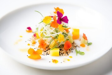 sprouted seed salad with edible flowers as garnish