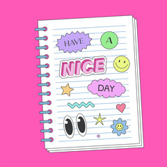 Aufkleber - Cute Y2k Notebook Paper Page Template. Cool Note With Pop Art Stickers. Kawai Patches Illustration. Have A Nice Day Funny Artwork.
