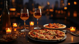 Fototapeta Uliczki - Classic pizza in restaurant at balcony. Evening lights