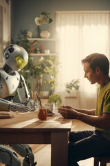 Home interior view with young man sitting at the table with domestic robot IA eating together like friend. Concept of future lifestyle for people. Technology and next generation. Sunlight outside