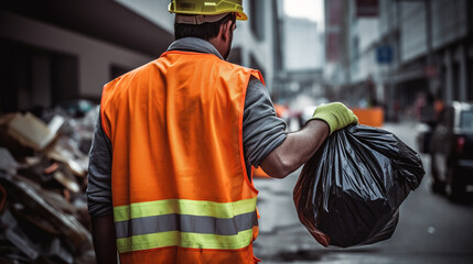 Poster - back photography of a worker wearing orange vest and gloves with trash bag created with Generative Ai