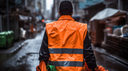 Poster - back photography of a worker wearing orange vest and gloves with trash bag created with Generative Ai