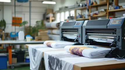 Modern printing machine with t-shirt at printshop