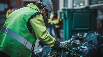 Poster - back photography of workers wearing green vest and gloves with trash bag created with Generative Ai