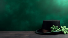 Top View Photo Of St Patricks Day Decor Party Glasses Leprechaun Hat Straws Bow-tie Giftbox Horseshoe Clovers Pots Gold Coins On Isolated Green Wooden Table Background