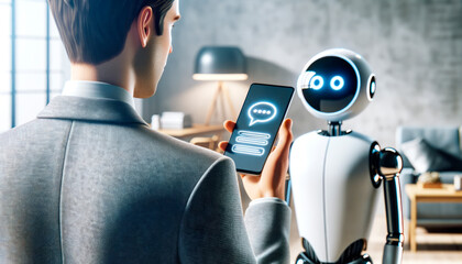Poster - Man in smart attire operates smartphone to interact with friendly robot. Advanced home automation concept. Generative AI