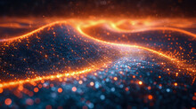 Abstract Background On Wavy Black Background With Orange Glowing Lines And Floating Dots.