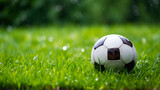 Fototapeta Sport - a soccer ball sits on the green grass and there is a white line created with Generative Ai