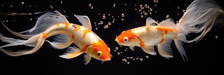 Wall Mural - Two golden koi below the water, perfect light, octane rendering, real photo, crystal clear water,