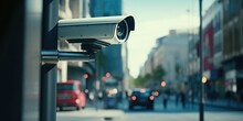 Closeup View Of A CCTV Camera Pointed Towards A Pedestrian Intersection, Realistic