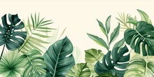 Artistic Rendition Of Various Tropical Leaves In Shades Of Green With A Watercolor Effect On A Plain Background.