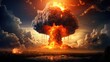 Nuclear explosion of an atom bomb with a mushroom cloud causing an apocalyptic Armageddon through the use of a weapon of mass destruction, 