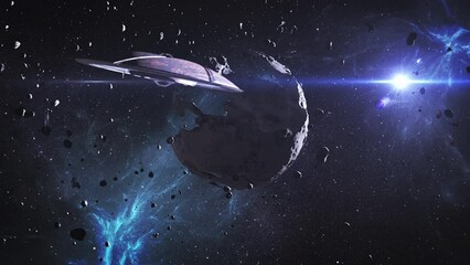 Wall Mural - large alien spaceship heading toward dying planet 3d rendering of alien world concept, 4k, 2022