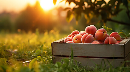 Wall Mural - Ripe peaches in a wooden crate in the garden on sunny day