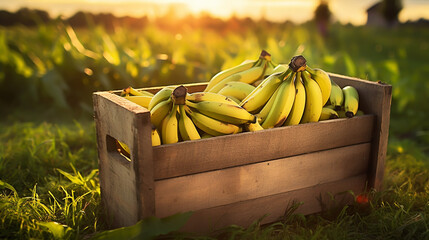 Wall Mural - Yellow bananas in to a wooden box over the grass