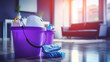 © Andrii Yablonskyi - a woman in purple rubber glove carries cleaning buckets on background of living room created with Generative Ai