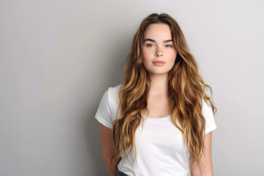 Beautiful plus size model posing in white t-shirt and blue jeans isolated on light grey background