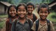 Portrait of smiling indonesian kids on poor rural area background from Generative AI