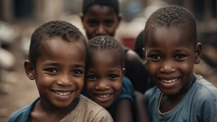 Wall Mural - Portrait of smiling black african kids on poor slums area background from Generative AI